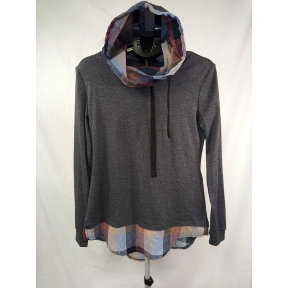 DJT Women's Long Sleeve Hooded Grey/Blue Plaid Lined Top Size Medium - Picture 1 of 6